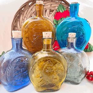 Vintage Set of 5 Blown Glass Holly City Decantor Bottles In Boxes w/Sticker